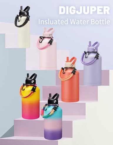 DIGJUPER Insulated Water Bottle 64oz - w/Paracord Handle, Straw & Spout Lids, Carrier Bag, Half Gallon Sport Stainless Steel Water Flask Jug, Thermo Mug Double-wall Vacuum Water Bottle - Image 8