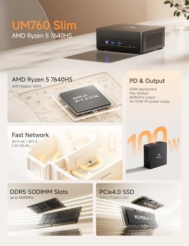 MINISFORUM UM760 Slim Mini PC, AMD Ryzen 5 7640HS Processor (6C/12T, Up to 5.0GHz), Mini Computers 16GB DDR5 RAM & 1TB SSD, HDMI2.1/USB4/DP1.4 Output, 1X 2.5G LAN, 4X USB Port, WiFi6E/BT5.3 (Renewed) - Image 2
