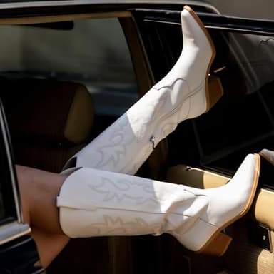 Pasuot White Cowboy Boots for Women - Wide Calf Cowgirl Knee High Western Boots with Side Zip and Embroidered, Pointed Toe Chunky Heel Retro Classic Tall Boot Pull On for Ladies Fall Winter Size 8.5 - Image 2