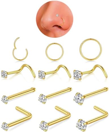 18g Gold Nose Rings Hoop and 20g Nose Studs Sets for Women Men,Hypoallergenic 316L Surgical Stainless Steel L Shape/Corkscrew/Straight Nose Studs Nose Screw Bone 1.5/2/3mm CZ Piercings Jewelry 12Pcs - Image 1