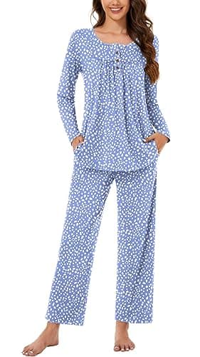 Bestbee Womens Pajama Set Plus Size, 2 Piece Lounge Outfits Pleated Sleepwear Sets Long Sleeve With Pockets Ladies Pjs, 2XL, Spotted Blue - Image 1