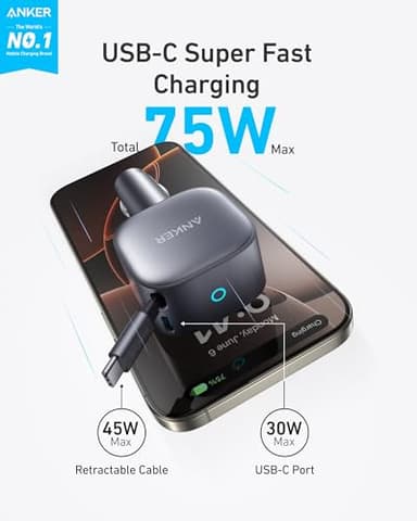 Anker USB-C Car Charger, 75W Max Ultra-Compact Type-C Fast Car Charger with Built-in Retractable Cable Car Adapter for iPhone 15/14 Series, Samsung S24/S23, MacBookPro/Air, iPad, and More - Image 2