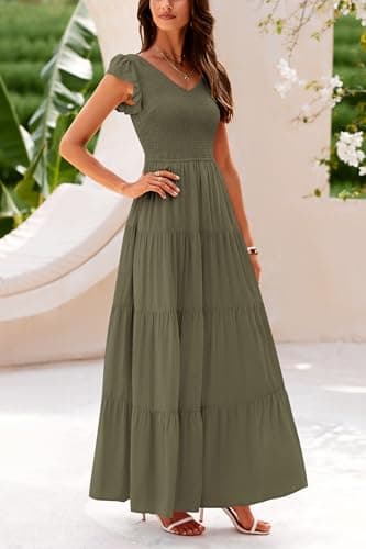PRETTYGARDEN Women's Summer Flowy Maxi Dress Casual Cap Sleeve V Neck Smocked Beach Sundress (Solid Army Green,Medium) - Image 6