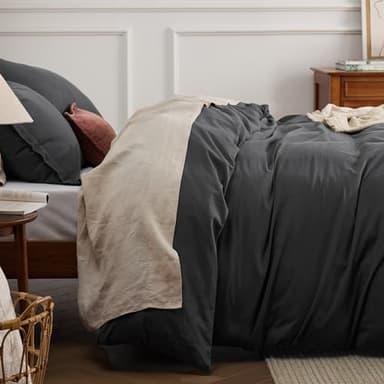 Bedsure 100% Stone Washed Cotton Duvet Cover King - Charcoal Minimalist Cotton Duvet Cover Set Linen Like - 3 Pieces GentleSoft™ Plain Simple Bedding Set with 2 Pillow Shams (Charcoal, King, 104"x90") - Image 4