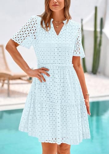 PRETTYGARDEN Eyelet Dresses for Women 2025 Summer Short Sleeve V Neck Hollow Out Ruffle A Line Boho Beach Vacation Mini Dress (Light Blue,Large) - Image 3