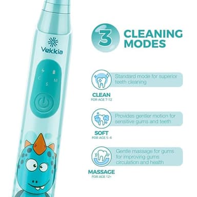 Vekkia Sonic Rechargeable Kids Electric Toothbrush, 3 Modes with Memory, Fun & Easy Cleaning, 24000 Strokes, IPX7 Waterproof, 2-Min Timer for Age 5+, 4 Soft Bristles(Blue) - Image 3