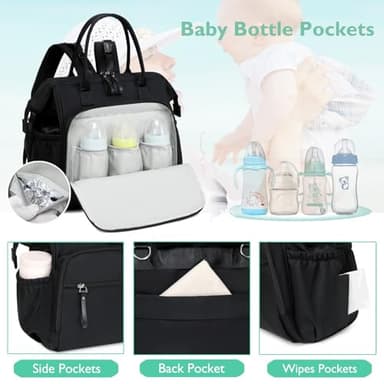 LORADI Convertible Diaper Bag Tote, Wide Open Top 14 Pockets Stylish Baby Diaper Bag with Stroller Buckle, Water-resistant (Black, Large) - Image 3