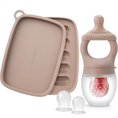 SAMiGO Baby Food Fruit Feeder and Breastmilk Popsicle Mold Set, Silicone Fruit Teether, Food Feeder Pacifier for Teething Relief, Freezer Tray, Baby Feeding Essentials, 4 Months+ - Image 1