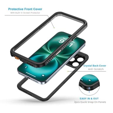 Lanhiem for iPhone 16 Pro Waterproof Case, Dustproof Case Built-in Screen Protector, Camera Protection, Full Body Heavy Duty Rugged Phone Cover for 16 Pro - 6.3 inch (Black/Clear) - Image 3