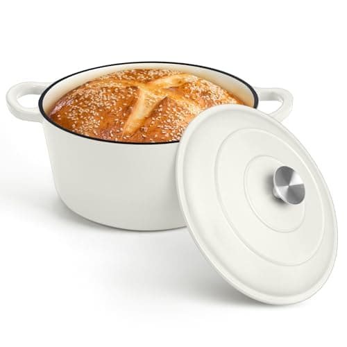 P&P CHEF 7QT Enameled Dutch Oven, Cast Iron Dutch Oven Pot with Lid for Bread Baking, Enameled Casserole Pot for Roasting Braising Stewing Frying Simmering, Various Stoves & Easy Clean, White - Image 1