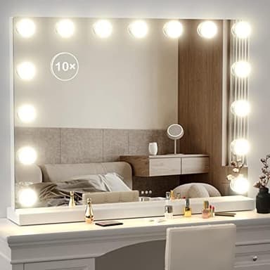 22.8 x 18.2 Vanity Makeup Mirror with Lights, 10X Magnification,Large Hollywood Lighted Vanity Mirror with 15 Dimmable LED Bulbs, USB Charger Port, Tabletop or Wall-Mounted White - Image 3