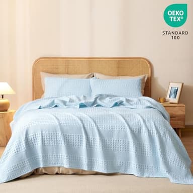PHF 100% Cotton Waffle Weave Blanket Queen Size for Bed, Soft Lightweight & Breathable, All-Season Comfort, Luxury Aesthetic Woven Bedding for Home Decor, 90"x90", Baby Blue - Image 5