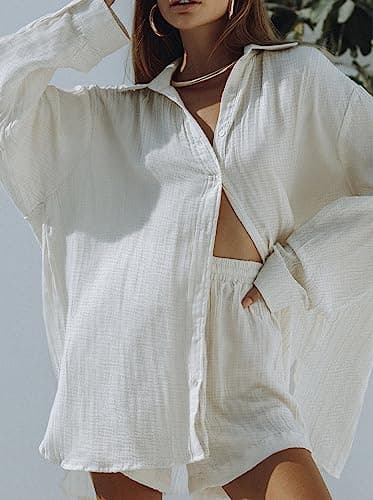Fixmatti Two Piece Sets for Women Long Sleeve Button Down Shirt and High Waist Shorts Sweatsuit White XL - Image 4
