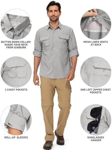 linlon Mens Safari Shirts Long Sleeve UV Protection Hiking Fishing UPF 50+ Quick Dry Cooling Camping Travel Shirts#5066-Light Grey-M - Image 5