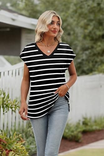 Black and White Striped Shirt Women Cap Sleeve 2024 Summer Tops Trendy Tank Tops V Neck Loose Fit Shirts XL - Image 5