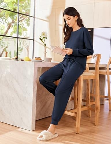 Ekouaer Lounge Sets for Women 2 Piece Jogger Pajama Long Sleeve Pants Loungewear Sweatsuits Casual Matching Outfits Navy Blue S - Image 5