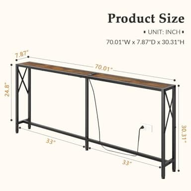 Gewudraw 70 in Skinny Sofa Table Behind Couch, Console Table with Oulets & USB Ports for Hallway, Entryway,Living Room, Bedroom, Rustic Brown - Image 3