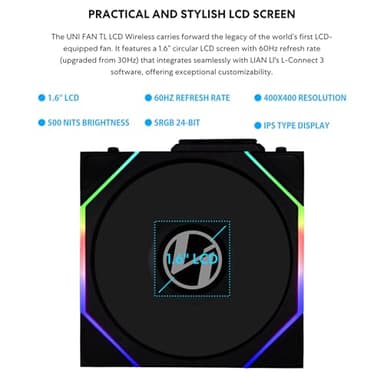 Lian Li UNI Fan TL - LCD Wireless 120 - Triple Pack (Reverse Blade) - 2.4 GHz Wireless Signal RGB & PC Case Fan - Infinity Mirror - LCD Display - Controller Included & Required - Black (12RTLLCD1W3B) - Image 8