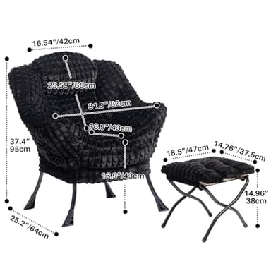 HollyHOME Lazy Chair with Foldable Ottoman, Accent Comfy Lounge Armchair and Folding Footrest Stool, Leisure Sofa Reading Chair and Footstool for Living Room, Bedroom, Dorm,Faux Fur Black - Image 3