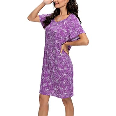Tugege Women's Nightgown Short Sleeve Sleepshirts House Dress Sleepwear Casual Print Pajama (Purple, Large) - Image 3