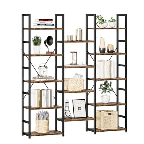 NUMENN Triple Column 5 Tier Bookshelf, Bookcase with 14 Open Display Shelves, Adjustable Rustic Industrial Style Book Shelves, Modern Bookshelves for Bedroom, Living Room and Home Office, Vintage - Image 1