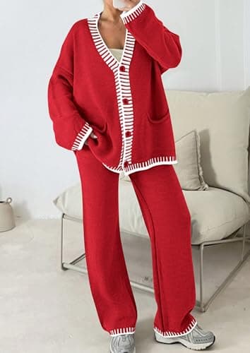 PRETTYGARDEN Lounge Sets for Women Fall 2025 Loungewear 2 Piece Outfits Cardigan Sweaters Track Suit Matching Winter Clothing (Red,X-Large) - Image 2