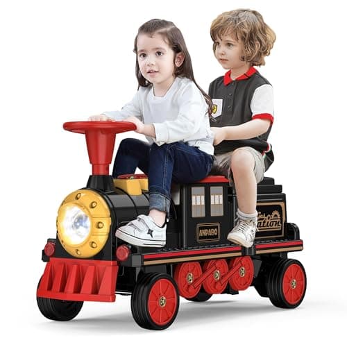 ANPABO 2-Seater Ride On Train Trackless, 12V Kids Car with Height-Adjustable Seat, Extra Storage, Headlight, Train Whistle & Music, Electric Car for Kids 3+ (Carriage Not Included), Red - Image 1