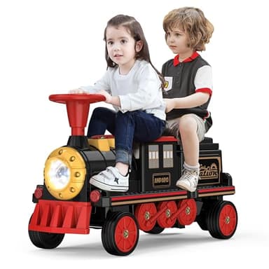 ANPABO 2-Seater Ride On Train Trackless, 12V Kids Car with Height-Adjustable Seat, Extra Storage, Headlight, Train Whistle & Music, Electric Car for Kids 3+ (Carriage Not Included), Red - Image 1