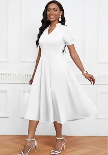 MarryUP White Dress Women Vintage Puff Sleeve V Neck Casual Semi-Formal Cocktail Party A-Line Swing Church Dress White 2XL - Image 3