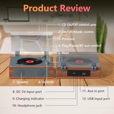 CD Player Portable with Speakers, Retro CD Record Player, Small Vintage CD Player with Bluetooth, Rechargeable Double HiFi Sound Speakers Support AUX/USB/Type-C/Headphone Jack/Remote Control - Image 6