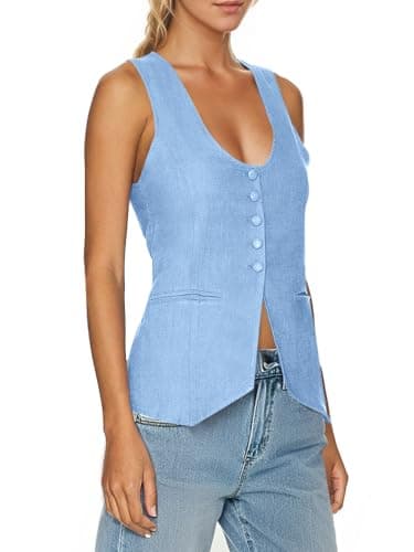 Tankaneo Womens Scoop Neck Blazer Vest Summer Linen Sleeveless Fitted Waistcoat Work Casual Cotton Suit Tops - Image 2