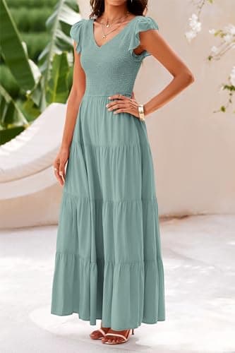 PRETTYGARDEN Women's Summer Flowy Maxi Dress Casual Cap Sleeve V Neck Smocked Beach Sundress (Solid Grey Green,Small) - Image 7