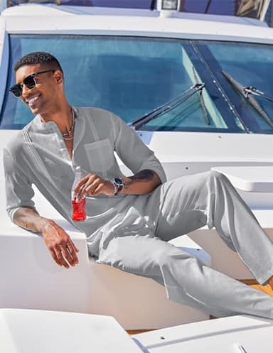 COOFANDY Men's 2 Piece Cotton Linen Sets Casual Long Sleeve Henley Shirts Yoga Pants Set Beach Cuban Outfits - Image 2