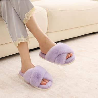 Evshine Women's Fuzzy Slippers Cross Band Memory Foam House Slippers Open Toe - Image 4