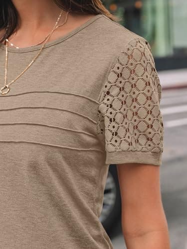 AUTOMET Women's Short Sleeve Shirts Dressy Lace Summer Tops 2025 Spring Trendy Casual T-Shirts Cute Work Outfits Blouses Khaki M - Image 5