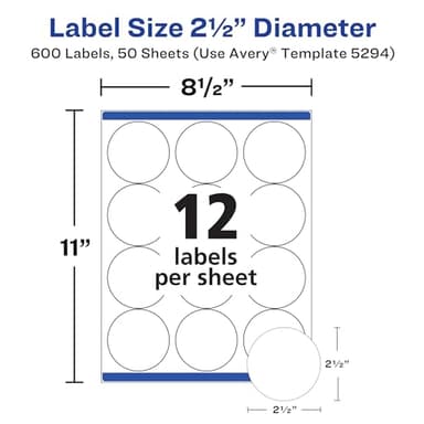 Avery High Visibility Printable Round Labels with Sure Feed, 2.5" Diameter, White, Laser Printer, 300 per Pack, 2 Packs, 600 Customizable Blank Labels Total (45294) - Image 5