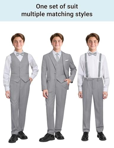 PACOROMANO Boys Suit Toddler Boy Light Gray Husky 7 Pcs Suspenders Suit Set Boys' Formal Suits Size 20 Kids Ring Bearer Outfit Suits Dress Clothes Tuxedo for Teenage Boy - Image 2