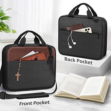 FINPAC Extra Large Bible Cover, Carrying Book Case Church Bag Bible Protective with Detachable Shoulder Strap & Zippered Pocket, Gift for Men Women, Black & Brown - Image 3