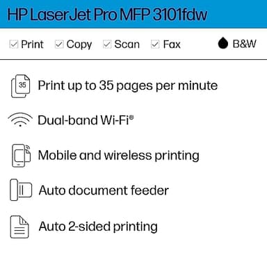 HP LaserJet Pro MFP 3101fdw Wireless Black & White All-in-One Laser Printer, Scanner, Copier, Fax, Best-for-Office (3G628F) - Image 2