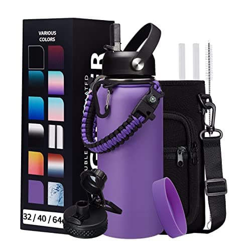 DIGJUPER 32 oz Water Bottles with Straw & Spout Lid, Paracord Handle & Strap, Double Wall Insulated Flask Water Bottle, Reusable Wide Mouth Gym Water Bottles for Women and Men for Fitness Sports - Image 1