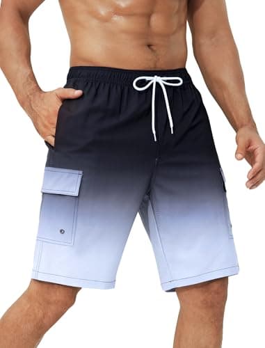SILKWORLD Mens Swim Trunks 9" Swimming Shorts Quick-Dry Bathing Suits with Compression Liner and Cargo Pockets Gradient Black Grey Large - Image 2