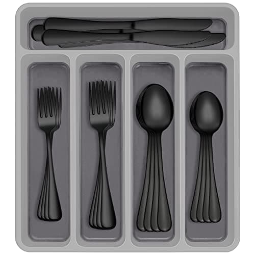 60-Piece Black Silverware Set with Organizer, AIVIKI Stainless Steel Flatware for 12, Cutlery Utensil Set for Home Restaurant, Tableware Includes Knife Fork Spoon Set, Mirror Polished - Image 1