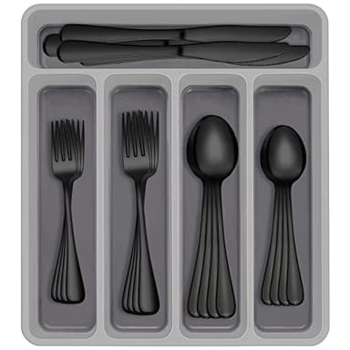 60-Piece Black Silverware Set with Organizer, AIVIKI Stainless Steel Flatware for 12, Cutlery Utensil Set for Home Restaurant, Tableware Includes Knife Fork Spoon Set, Mirror Polished - Image 1