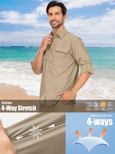 linlon Mens Safari Shirts Long Sleeve UV Protection Hiking Fishing UPF 50+ Quick Dry Cooling Camping Travel Shirts#5066-Khaki-XL - Image 8