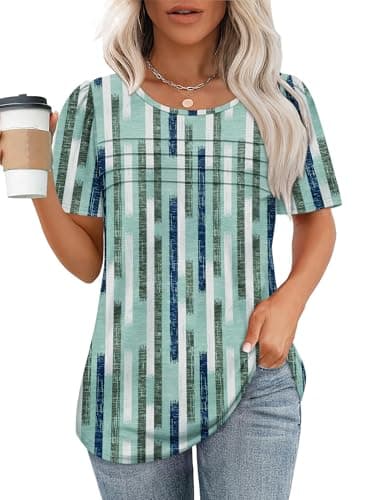 Summer Tops for Women Short Sleeve Beach Luxury Women Fahsion Oversized Tshirts Plus Size Shirts Dressy Casual Green Stripes 2XL - Image 2