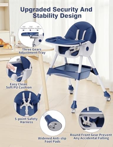 High Chairs for Babies and Toddlers, 4 in 1 Convertible Baby High Chair, Portable High Chair for Travel with Adjustable Height and Back, Foldable HighChair with Wheels& Pu Cushion - Image 3