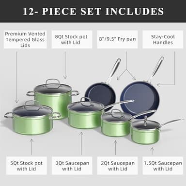 Nuwave Healthy Duralon Blue Ceramic Nonstick Cookware Set, Diamond Infused Scratch-Resistant, PFAS Free, Dishwasher & Oven Safe, Induction Ready & Evenly Heats, Tempered Glass Lids & Stay-Cool Handles - Image 2
