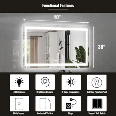 LED Bathroom Mirror, 30x40 Inch White Framed Gradient Front and Backlit Vanity Mirror, Anti-Fog, Dimmable, Wall Mounted Horizontal/Vertical Lighted Mirror,LED Vanity Mirror - Image 3