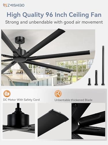 ZMISHIBO 96 Inch Industrial DC Motor Ceiling Fan, Large Ceiling Fan with 8 Reversible Blades, 3 Downrods, 6-Speed Remote Control, Home or Commercial Ceiling Fans for Porch/Garage/Shop, Black - Image 2