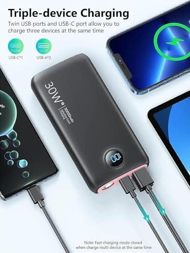 Portable Charger, 30000mAh QC4.0 PD3.0 30W USB C Fast Charging, Power Bank with 3W Flashlight and Led Display, External Battery Pack Travel Essentials for iPhone 17 16, Galaxy, LG, Tablet, and More - Image 4